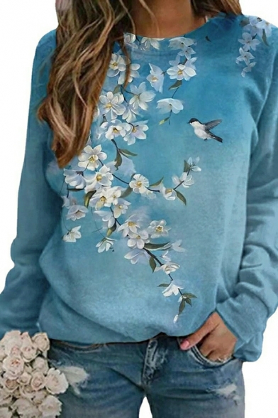 Novelty Girls 3D Floral Print Long Sleeve Fitted Crew Neck Pullover Sweatshirt