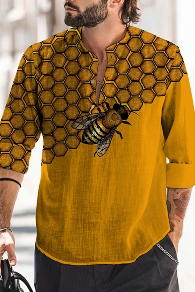 Unique Men 3D Pattern Long Sleeves Round Collar Regular Half Button Fly Shirt