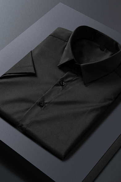 Dashing Plain Short Sleeves Turn-down Collar Regular Fitted Button Placket Shirt for Men