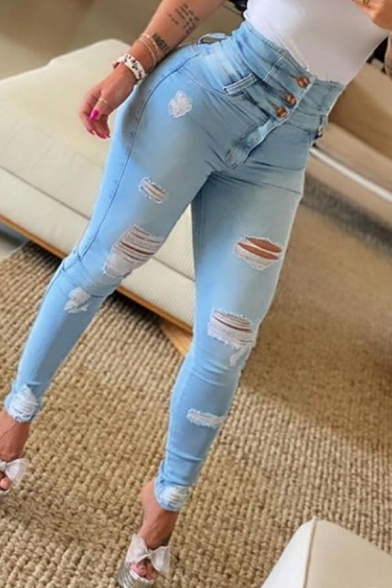 Fancy Women Solid Long Length Ripped High Rise Skinny Zip Closure Jeans