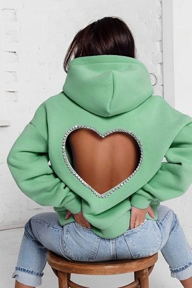 Freestyle Heart Print Long Sleeve Hooded Rhinestones Detail Hoodie for Girls