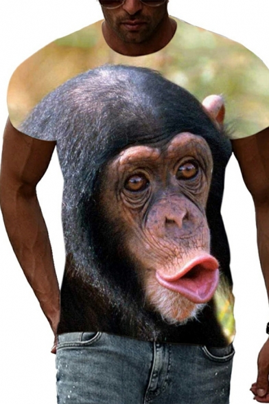 Casual Men 3D Chimpanzees Print Crew Neck Short-sleeved Slim Fitted Tee Top
