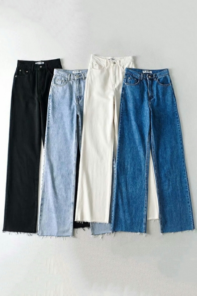 Fashionable Women Solid Long Length Straight High Rise Pocket Zip down Jeans