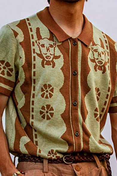 Guys Fashionable Tribal Print Short Sleeves Spread Collar Fitted Button Down Shirt