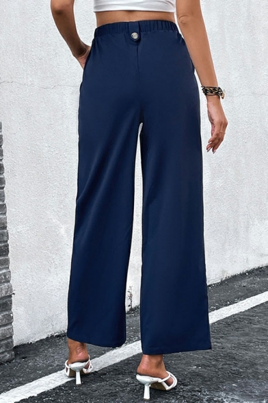 Novelty Girls Pocket High Rise Pure Color Full Length Button Detail Wide Leg Pants