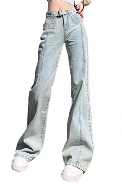 Simple Pure Color Belt Design High Waist Long Length Jeans for Women