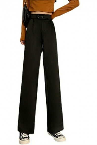 Women Basic Whole Colored Pocket High Waist Fitted Full Length Button down Pants