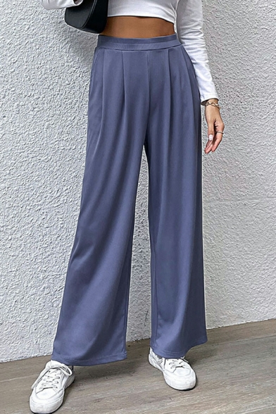 Creative Ladies Solid Color Loose Long Length High Rise Elastic Waist Pants