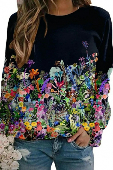 Girls Freestyle Floral Print Crew Neck Long Sleeves Fitted Pullover Sweatshirt