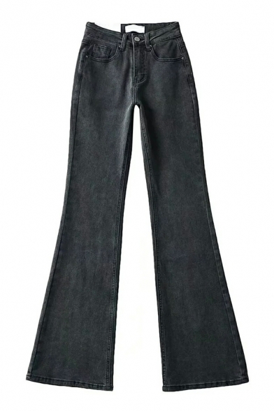 Fashion Girls Solid Color Pocket Long Length high Rise Zip Fly bootcut Jeans