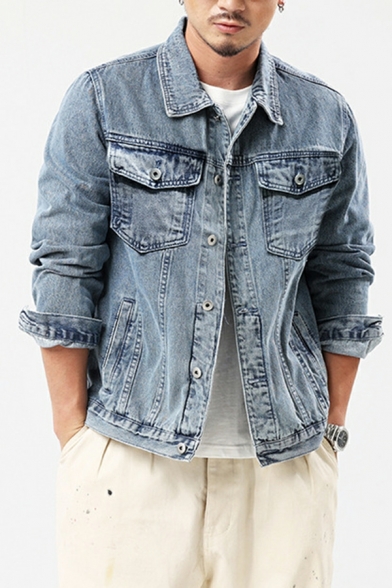 Fashionable Men Pure Color Pocket Long Sleeve Spread Collar Fitted Button Fly Denim Jacket