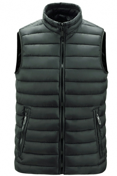 Fashionable Mens Solid Pocket Designed Sleeveless Regular Fitted Stand Neck Zip Fly Vest