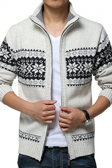 Freestyle Floral Pattern Long-Sleeved Regular Fitted Zip down Knitted Cardigan for Boys