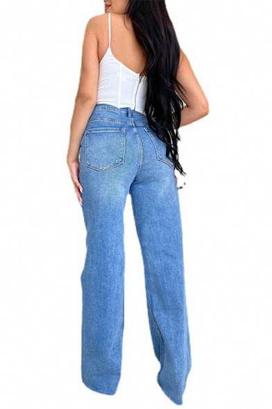 Girls Vintage Whole Colored Broken Hole High Rise Full Length Zip down Jeans