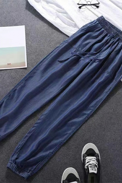 Pop Plain High Rise Long Length Pocket Design Drawstring Waist Jeans for Women