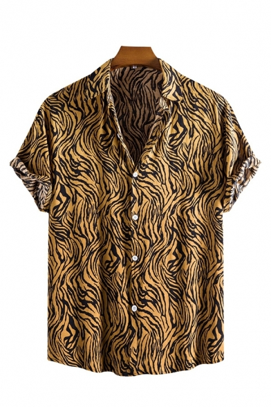 Urban Shirt Leopard Pattern Short Sleeves Regular Button Placket Shirt for Men
