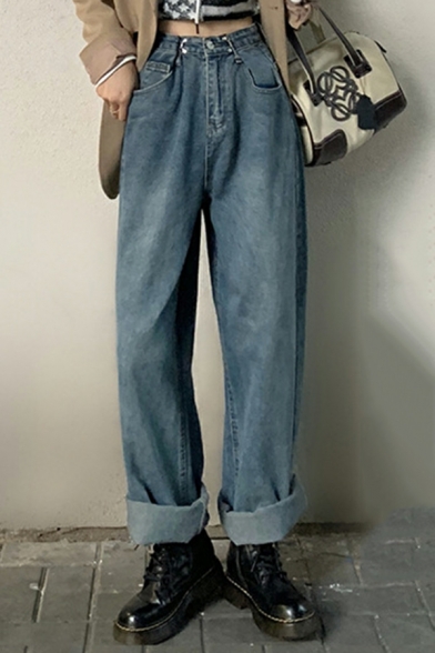 Women Retro Solid Color Long Length High Rise Pocket Zip up Jeans