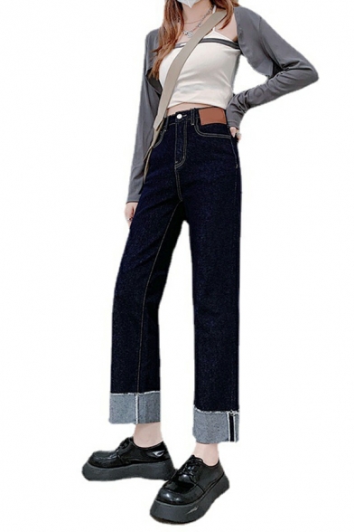Hot Pure Color Pocket Long Length High Rise Zip down Turn-up Jeans for Women