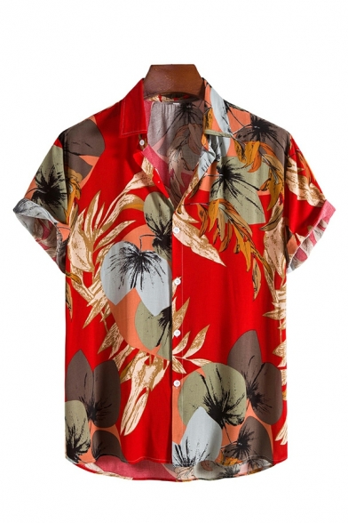 Men Novelty Floral Pattern Turn-down Neck Short-sleeved Relaxed Button Fly Shirt