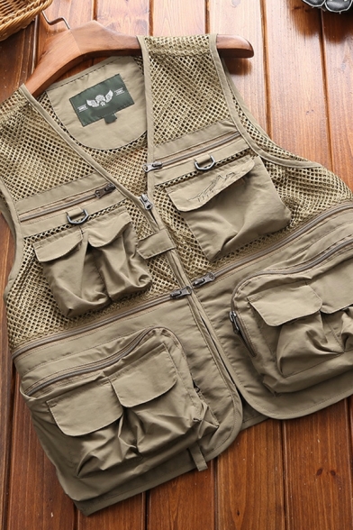 Popular Guy's Pure Color Multi-pockets V Neck Baggy Zip Down Vest