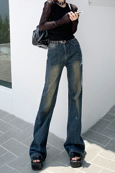 Street Style Women Plain Loose Long Length High Rise Zip Fly Jeans