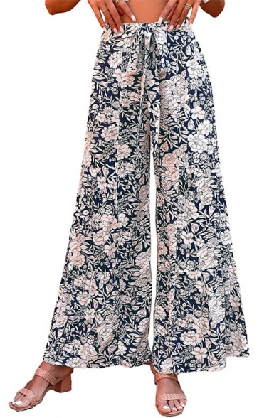 Women Hot Floral Pattern Drawstring Waist High Rise Long Length Pants