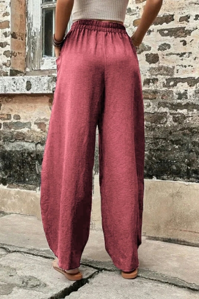 Fashionable Plain Elastic Waist High Rise Pocket Long Length Wide Leg Pants for Girls