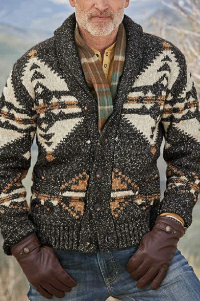 Boy's Hot Tribal Pattern Shawl Collar Long-Sleeved Skinny Button Fly Cardigan