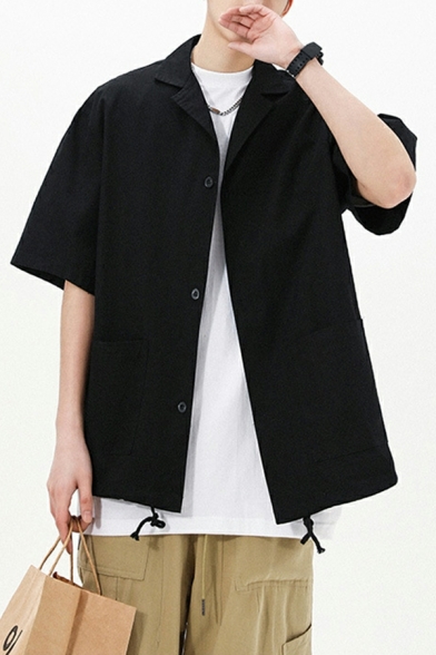 Edgy Solid Notched Collar Loose Fitted Short Sleeves Button Down Shirt for Men