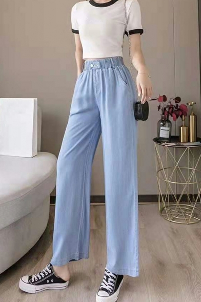 Girls Chic Plain Full Length Pocket High Rise Elastic Waist Jeans