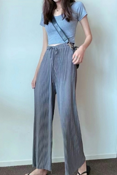 Ladies Stylish Plain Straight High Rise Full Length Drawstring Waist Loose Pants