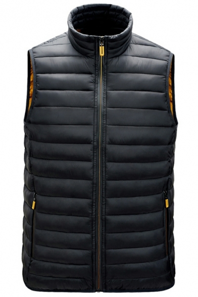 Simple Mens Solid Color Stand Collar Pocket Design Fitted Zip Down Vest