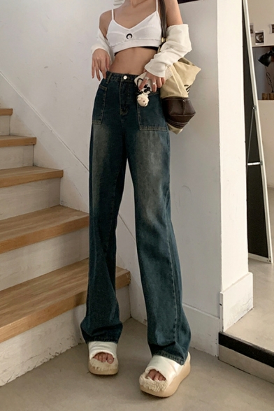Stylish Solid Color Pocket Fitted High Waist Full Length Zipper Jeans for Ladies