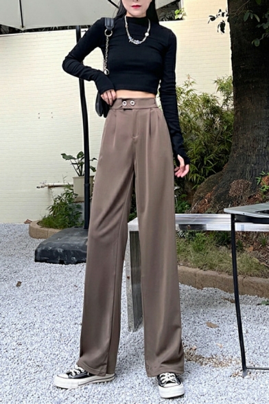 Women Basic Whole Colored Pocket High Waist Fitted Full Length Button down Pants
