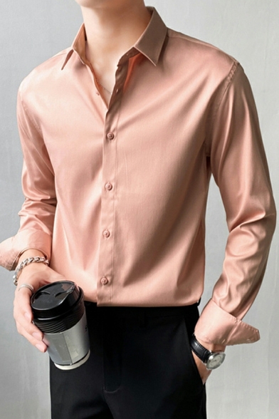 Elegant Solid Color Turn-down Collar Regular Long-Sleeved Button Down Shirt for Boys