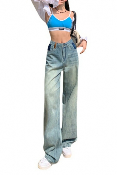 Freestyle Plain Pocket Straight Long Length Zip Closure Jeans for Ladies