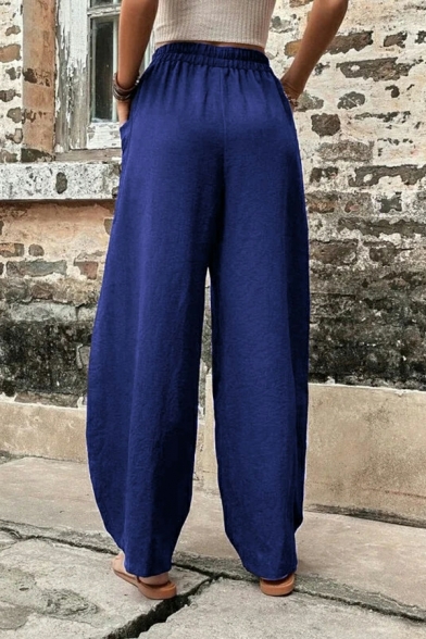 Fashionable Plain Elastic Waist High Rise Pocket Long Length Wide Leg Pants for Girls