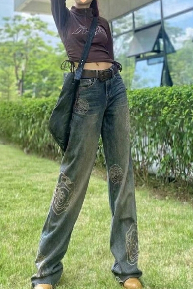 Ladies Cool Floral Print Baggy Long Length Pocket High Rise Zip down Jeans