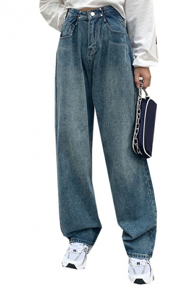 Women Retro Solid Color Long Length High Rise Pocket Zip up Jeans