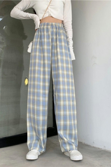 Cool Pocket Checked Print Elastic Waist Oversized High Rise Long Length Pants for Women