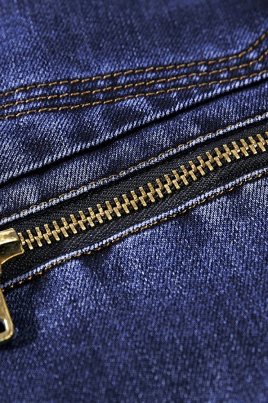 Freestyle Guys Solid Color Pocket Long-Sleeved Lapel Collar Regular Button-up Denim Jacket