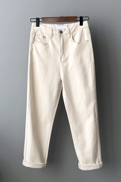 Girls Chic Pure Color Full Length Pocket High Waist Zipper Jeans