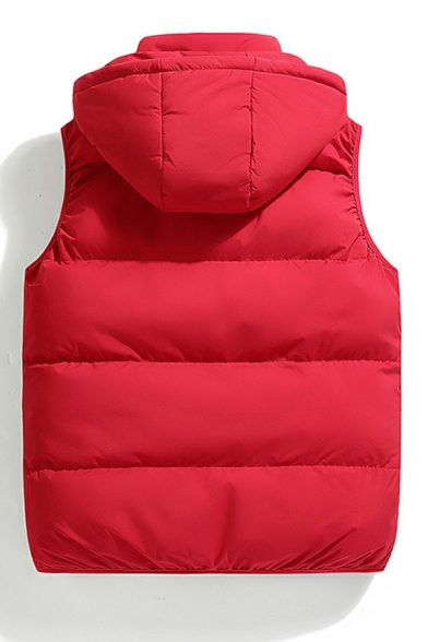 Leisure Pure Color Hooded Pocket Decoration Fitted Zip Down Vest for Guys
