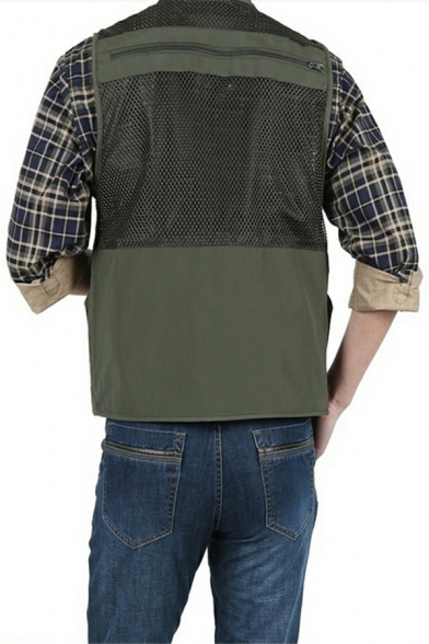 Popular Guy's Pure Color Multi-pockets V Neck Baggy Zip Down Vest