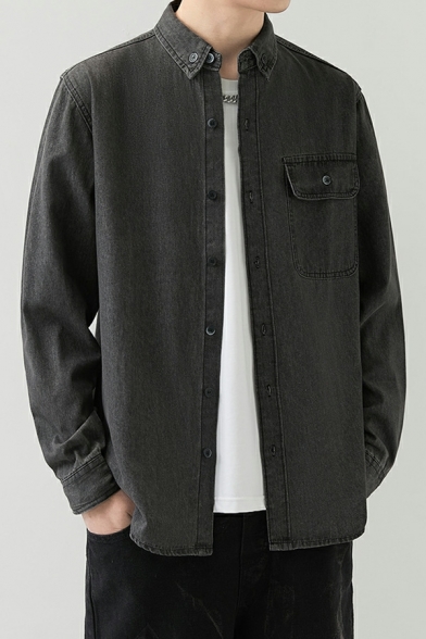 Trendy Solid Pocket Designed Turn-down Collar Regular Long-Sleeved Zip Closure Shirt