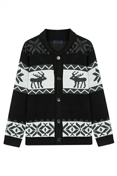 Basic Deer Printed Shawl Collar Relaxed Long Sleeve Button Fly Cardigan for Men
