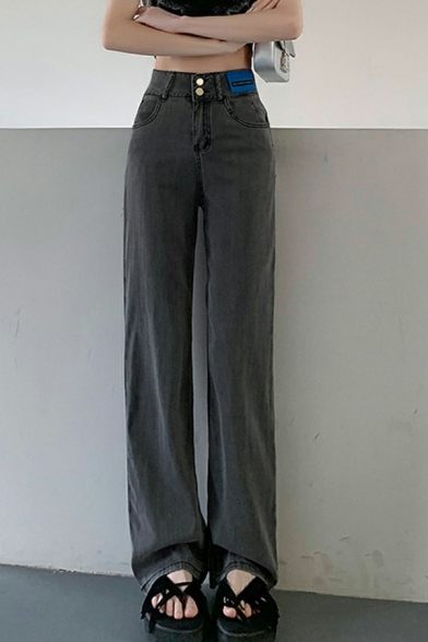 Girls Elegant Solid Pocket Straight Full Length High Rise Zip Fly Jeans