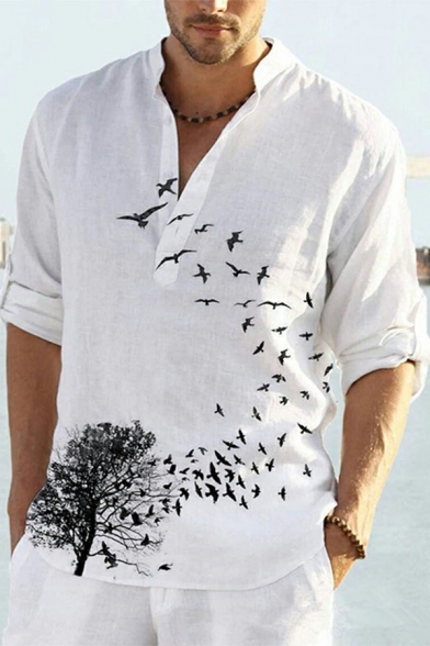 Hot Guys Bird Pattern Stand Collar Long-Sleeved Regular Fit Button Placket Shirt