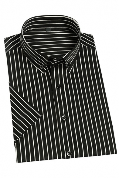 Mens Fashion Striped Pattern Point Collar Short Sleeves Skinny Button Placket Shirt