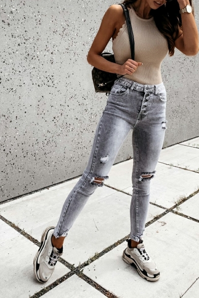 Boyish Plain Broken Hole High Rise Full Length Zip Closure Jeans for Ladies